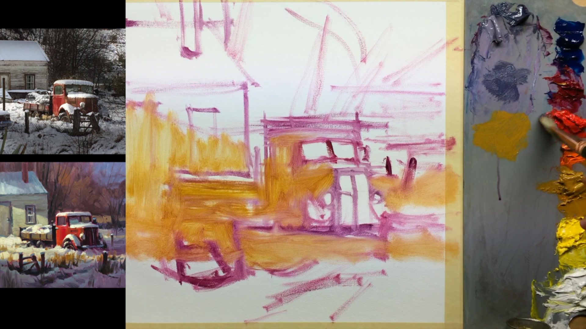 Step 5 — Blocking in darks and background (video frame from the lesson)