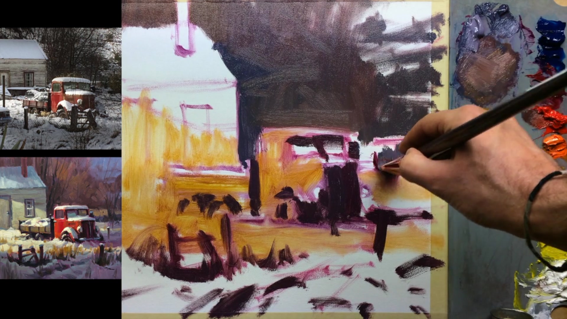 Step 7 — Painting shadowed snow and background details (video frame from the lesson)