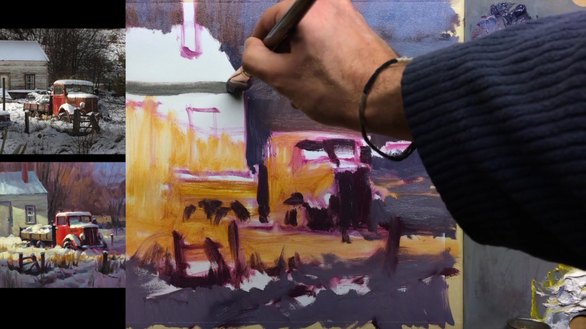 Step 8 — Building shadows and light on the building (video frame from the lesson)