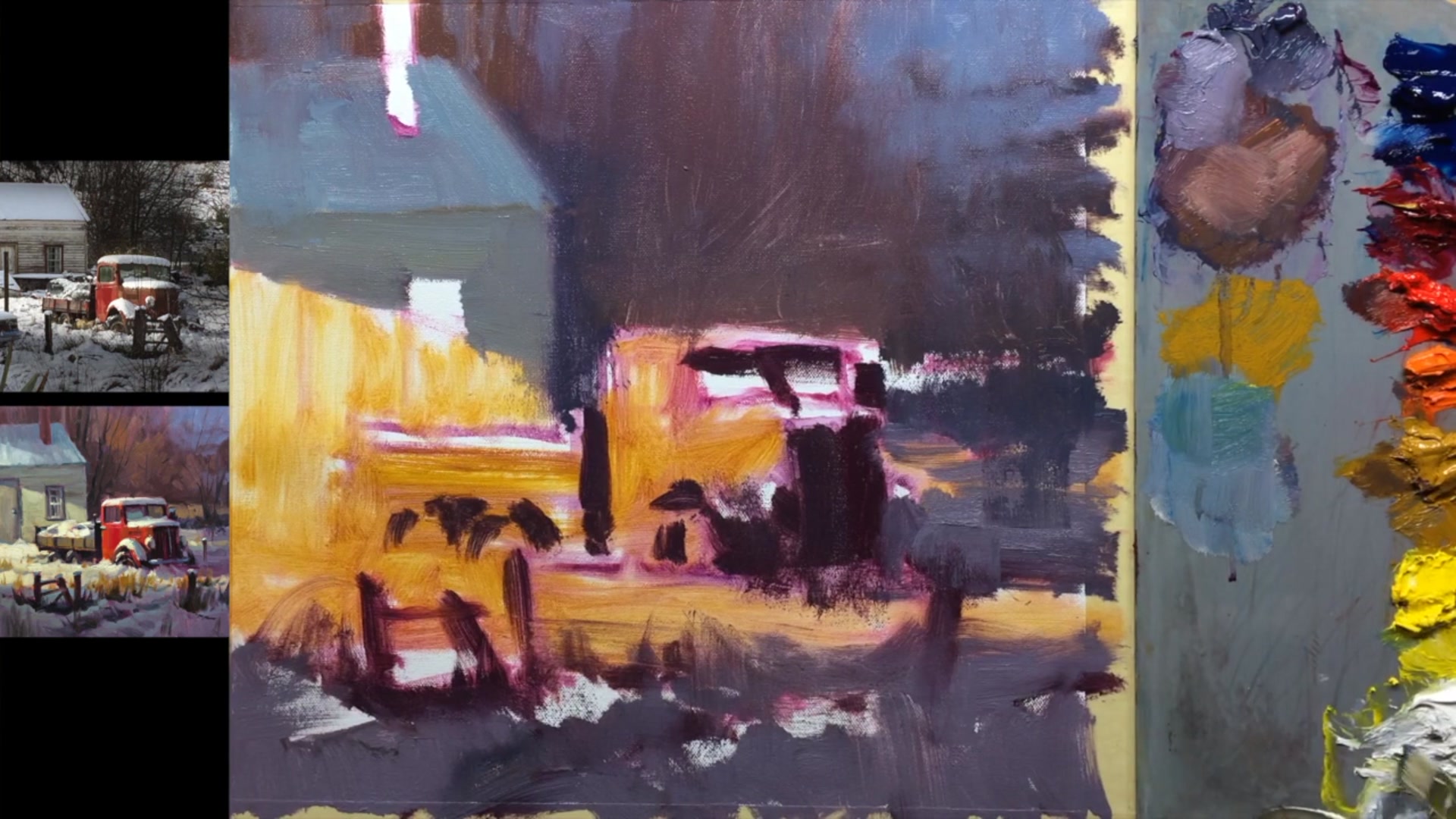 Step 9 — Reflected light in foreground snow (video frame from the lesson)