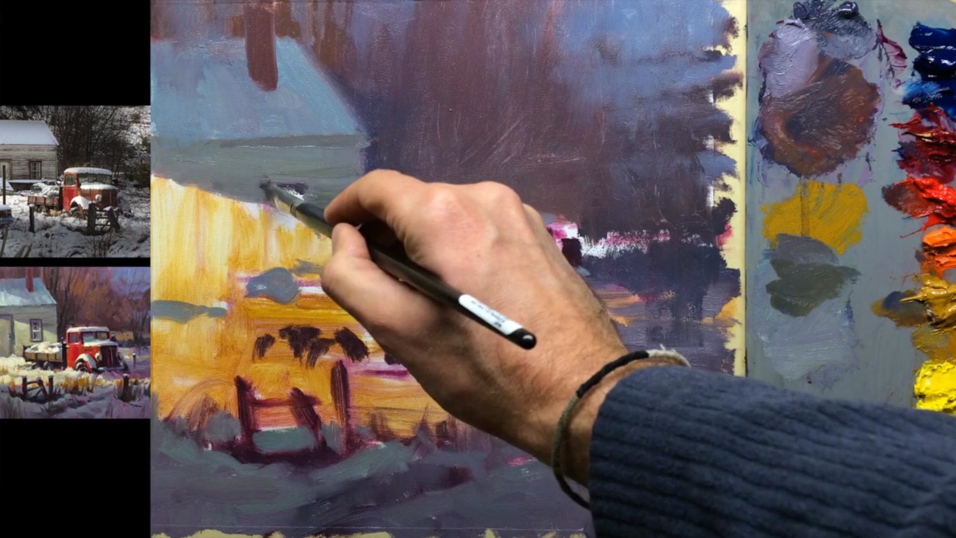 Step 11 — Painting light and shadow on the house (video frame from the lesson)