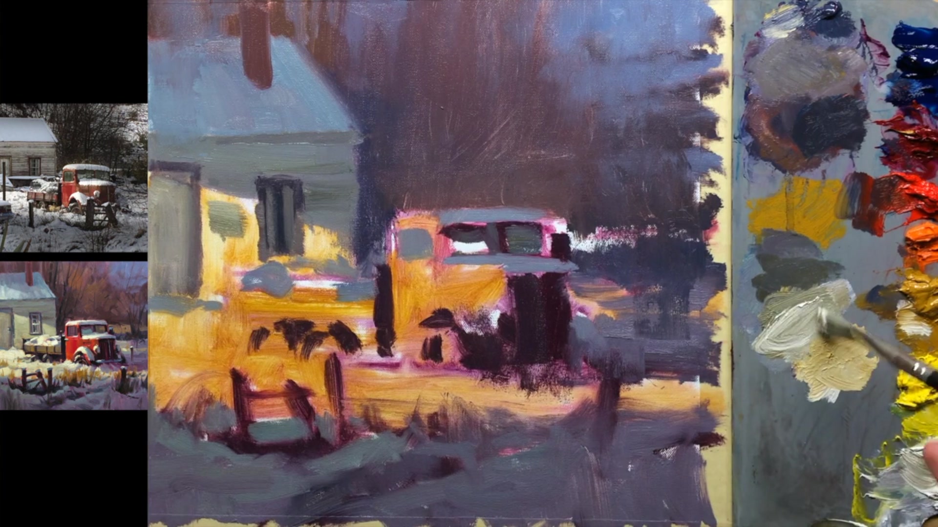Step 12 — Painting the truck's rust and color (video frame from the lesson)