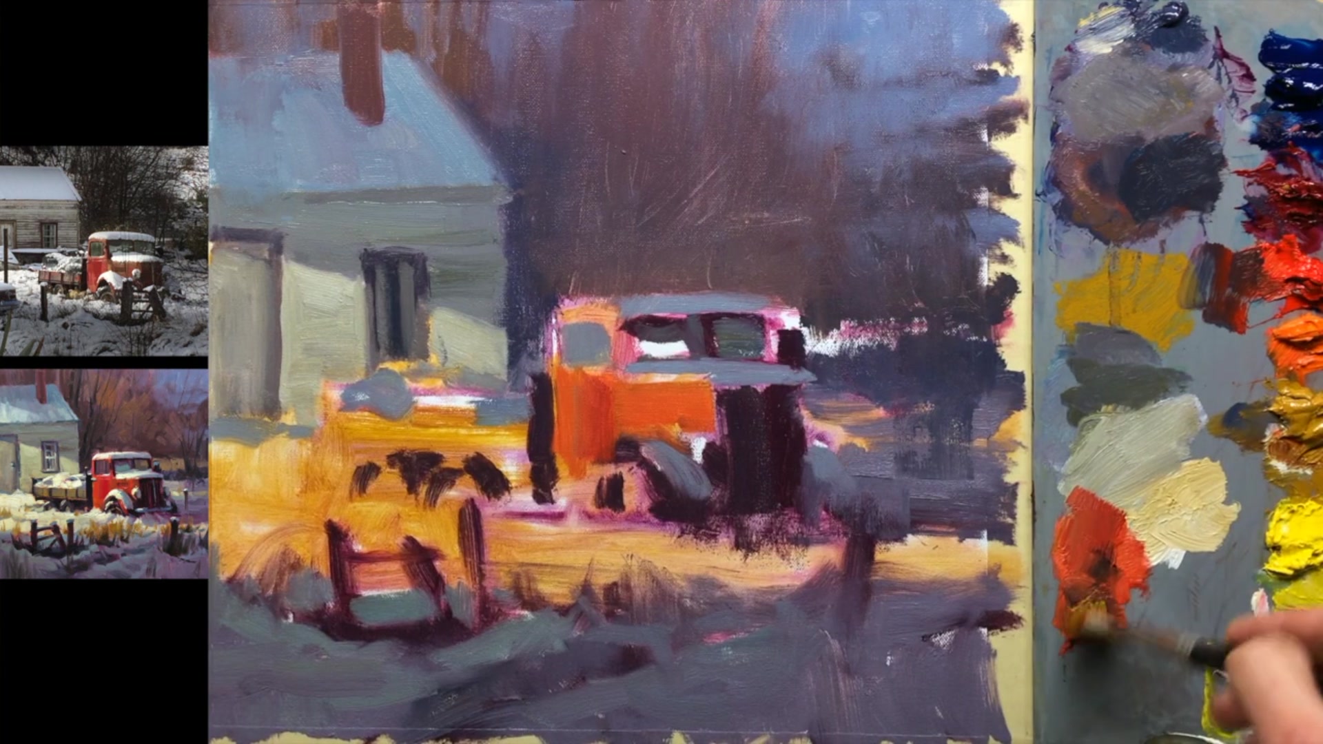 Step 13 — Detailing truck and snow highlights (video frame from the lesson)