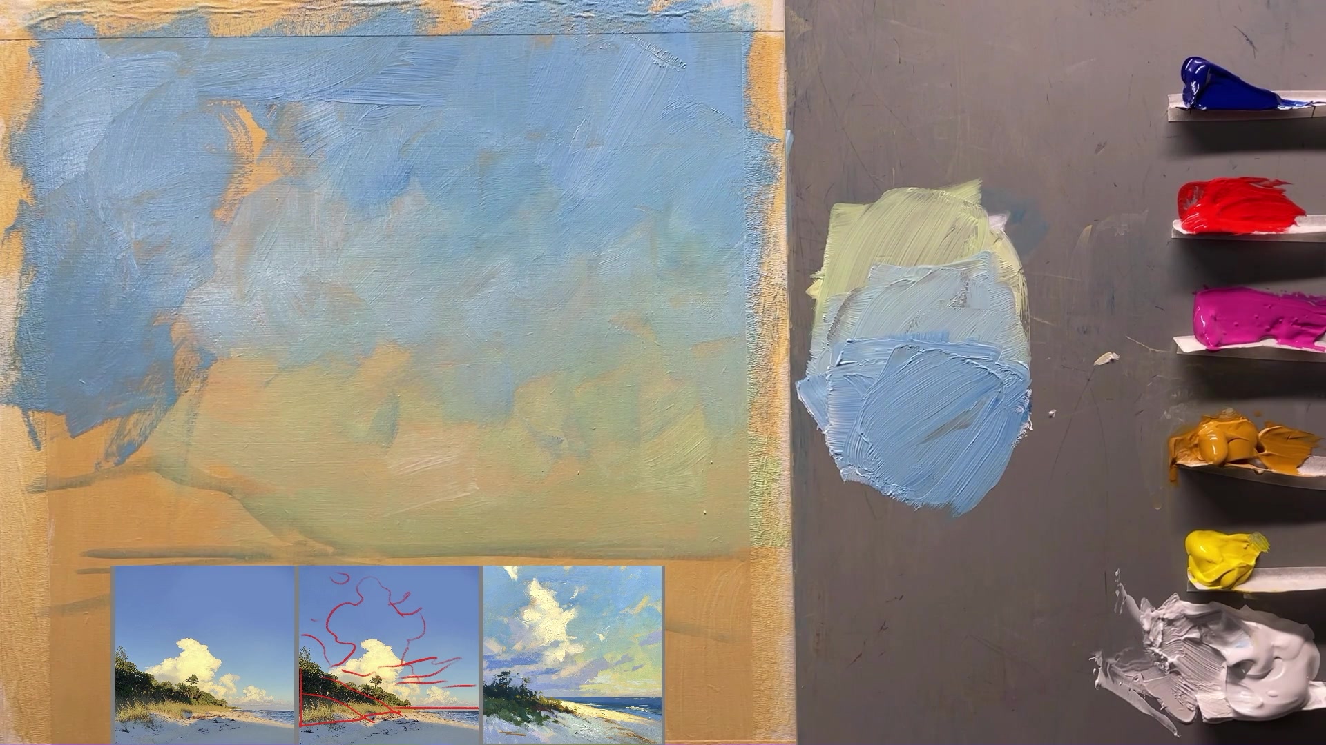 Step 8 — Painting the clouds (video frame from the lesson)