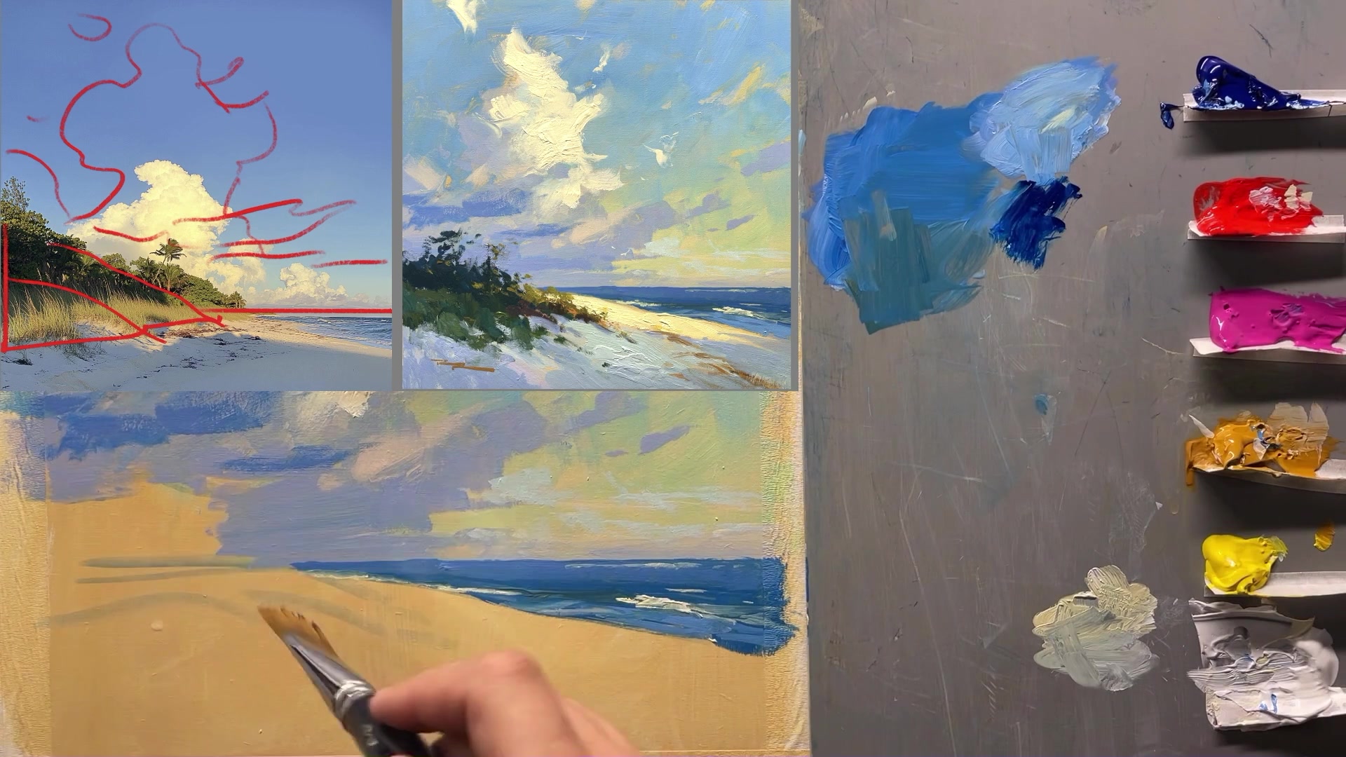 Step 11 — Painting the beach and shadows (video frame from the lesson)