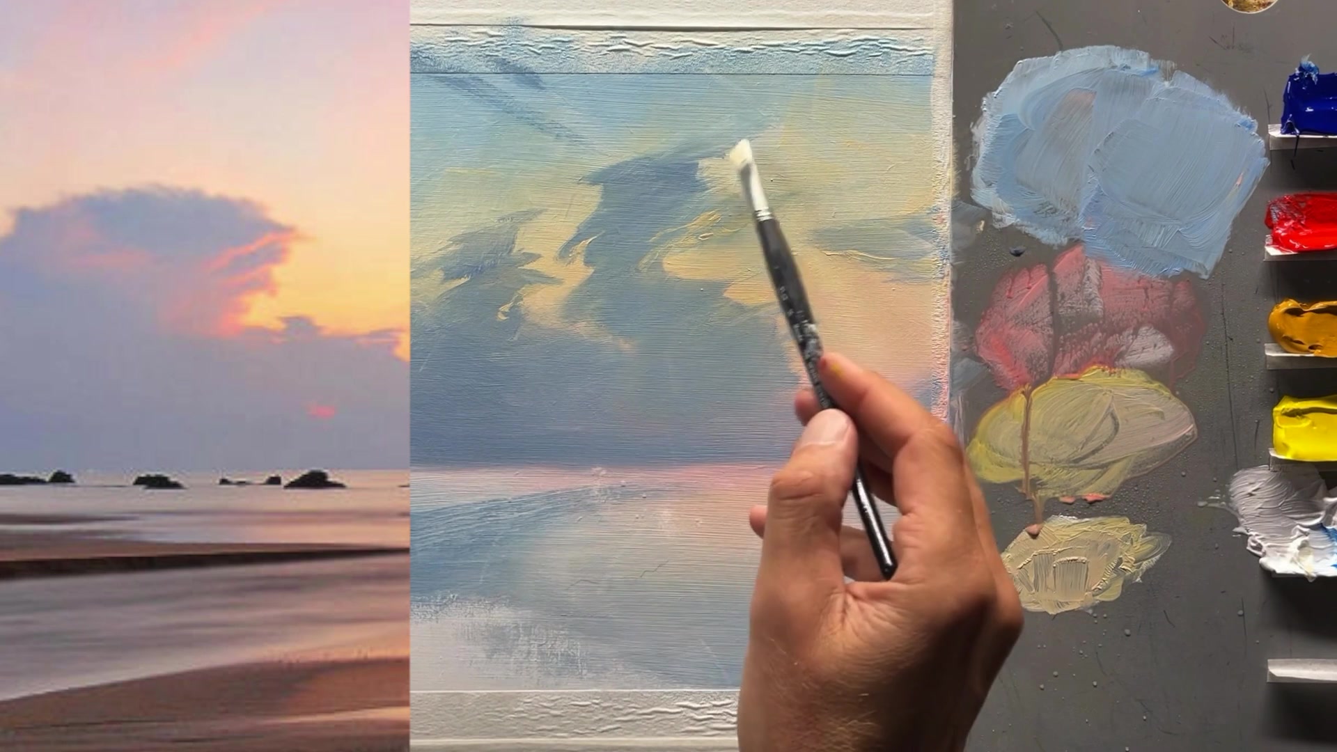 Step 6 — Painting the island and rocks (video frame from the lesson)