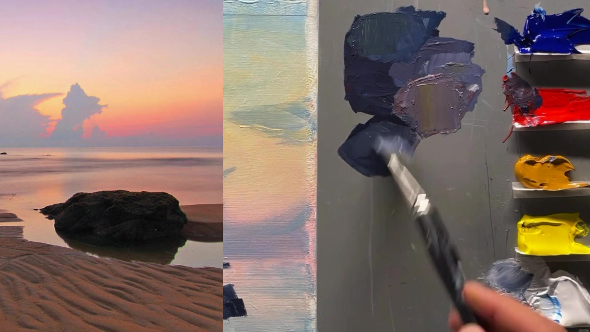 Step 8 — Painting rock reflections (video frame from the lesson)