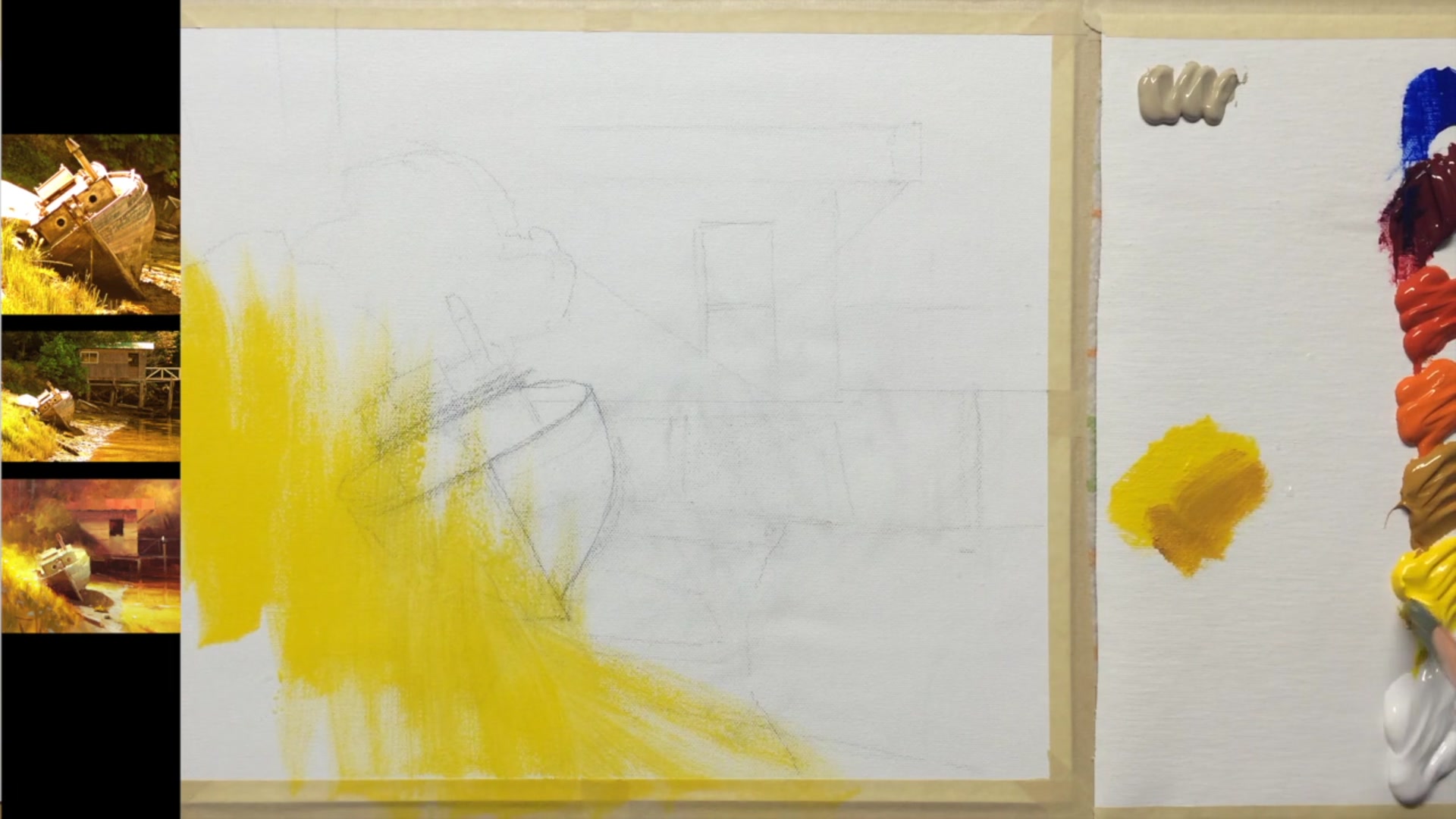 Step 4 — Creating shadow shapes in the grass (video frame from the lesson)