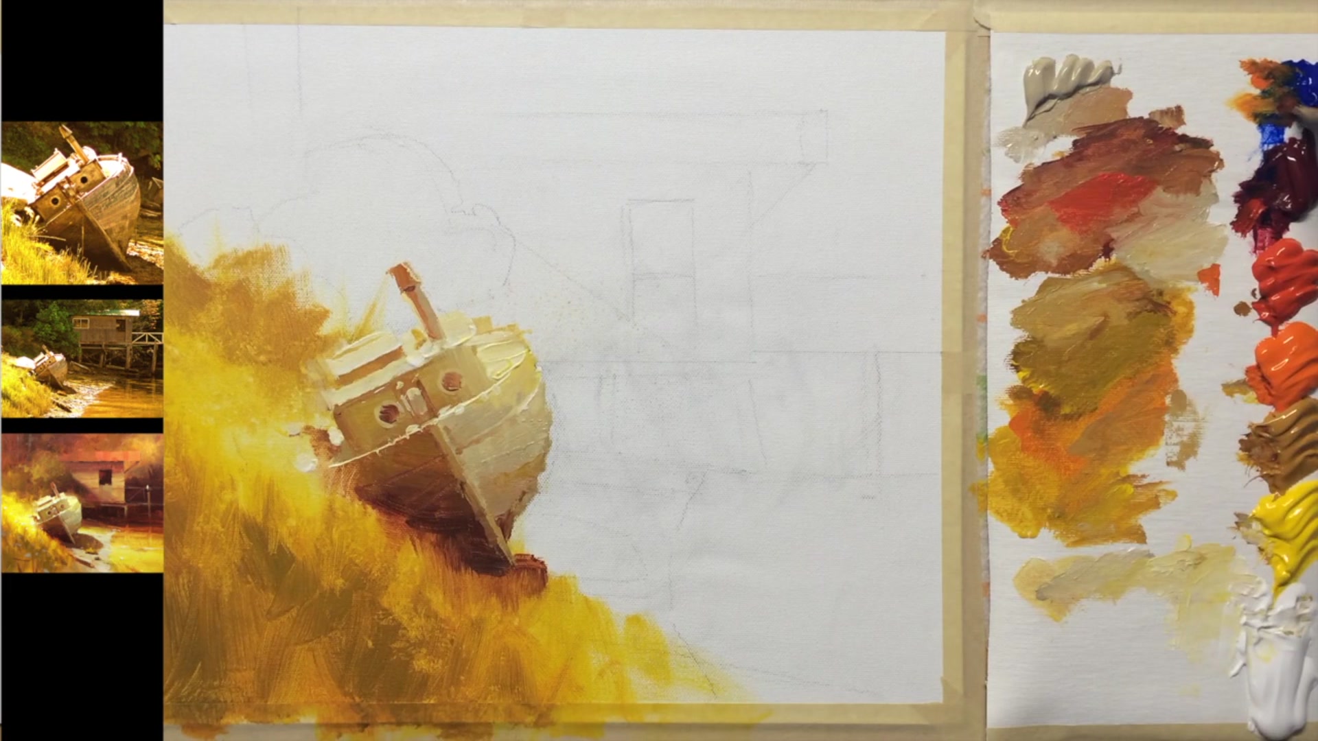 Step 11 — Painting shadows and rocks on the beach (video frame from the lesson)