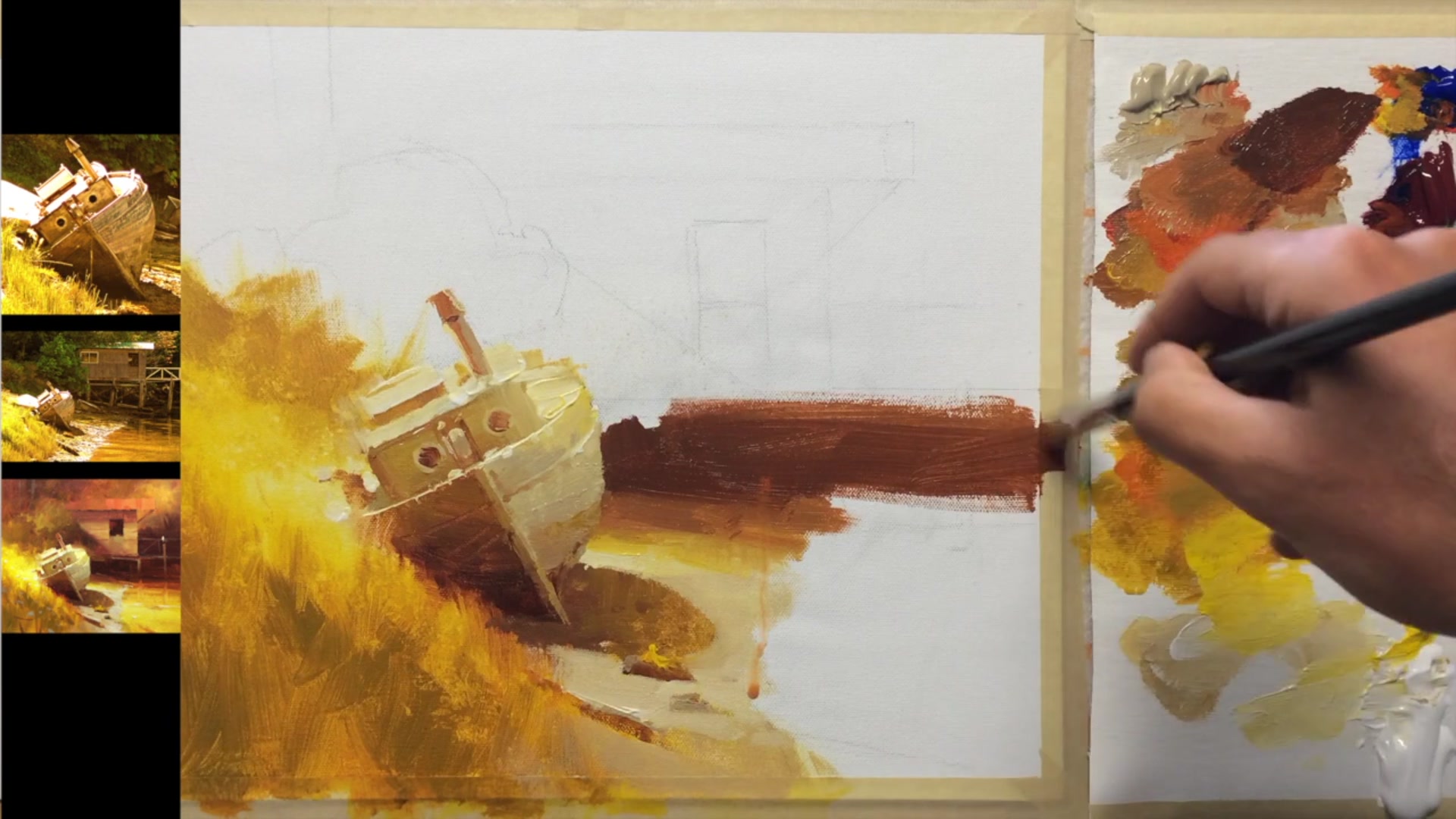 Step 13 — Background and shed details (video frame from the lesson)