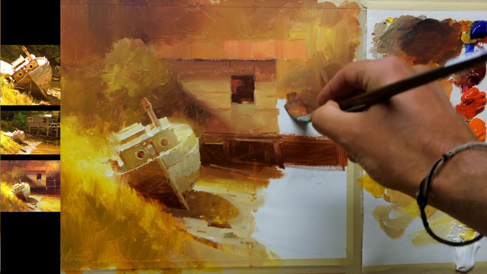 Step 15 — Painting trees and water reflections (video frame from the lesson)