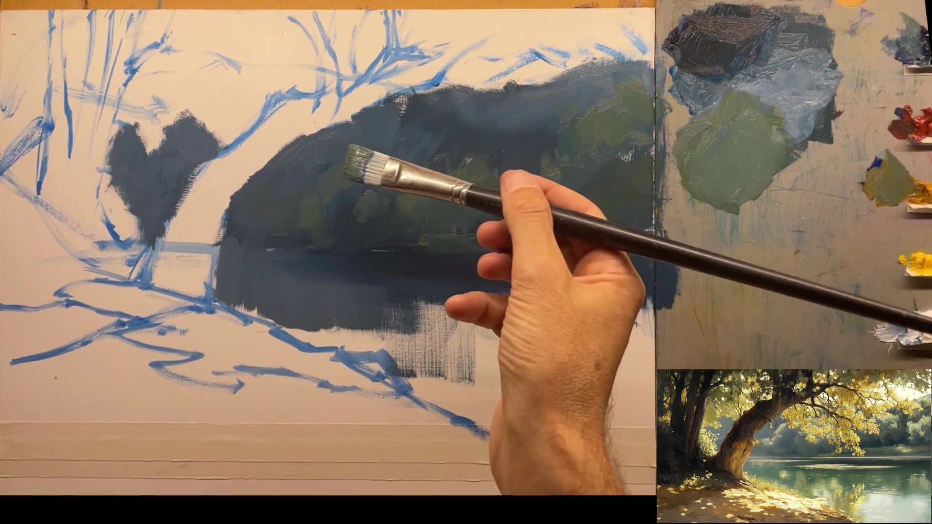 Step 8 — Painting the Water and Reflections (video frame from the lesson)