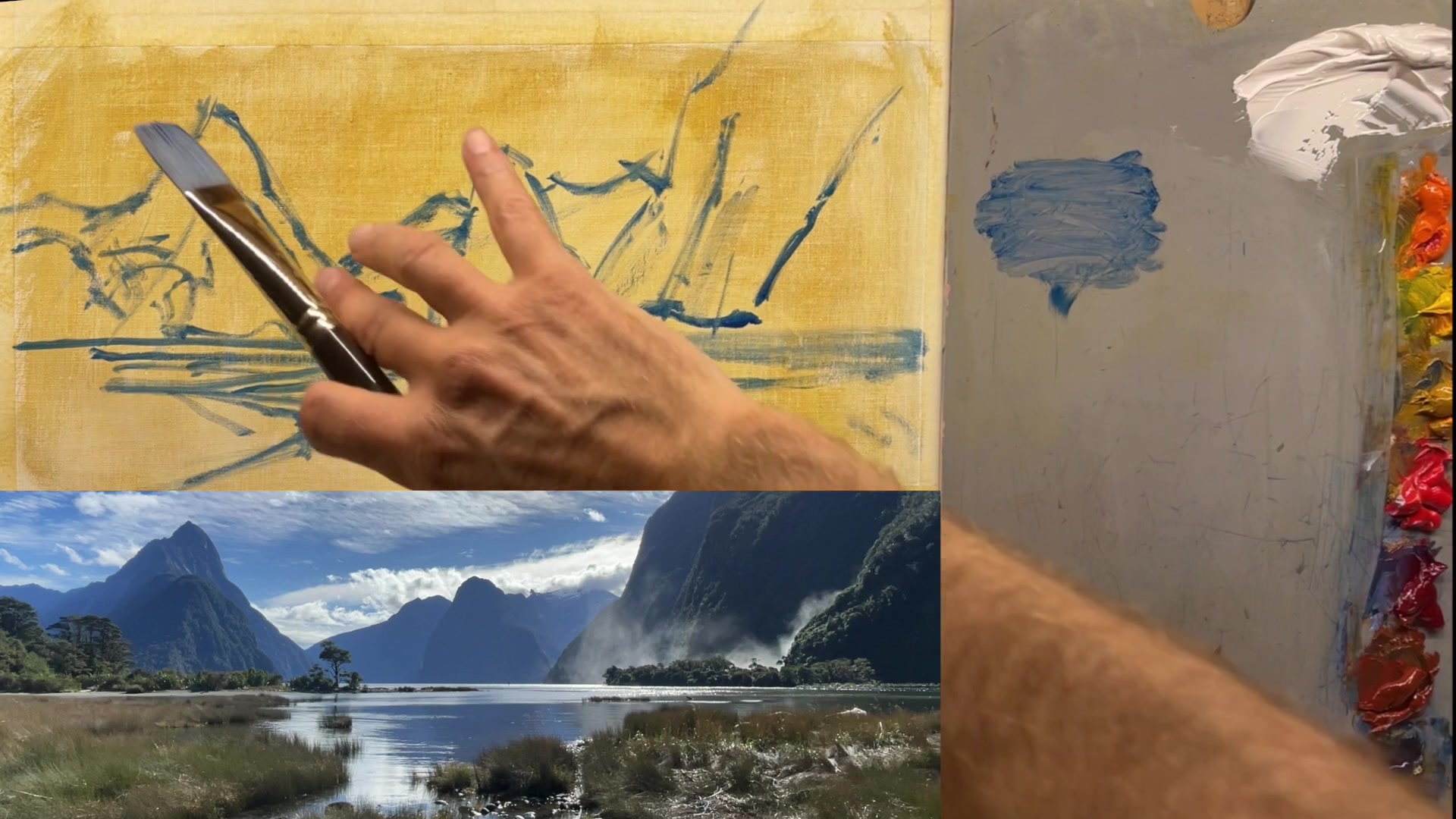 Step 6 — Painting the Mountains (video frame from the lesson)