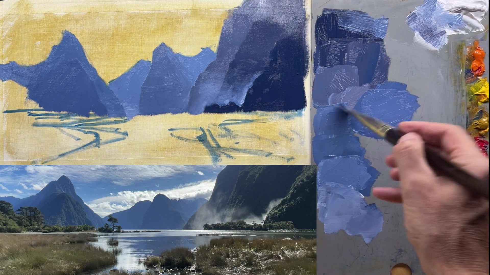 Step 8 — Painting the Water Reflections (video frame from the lesson)