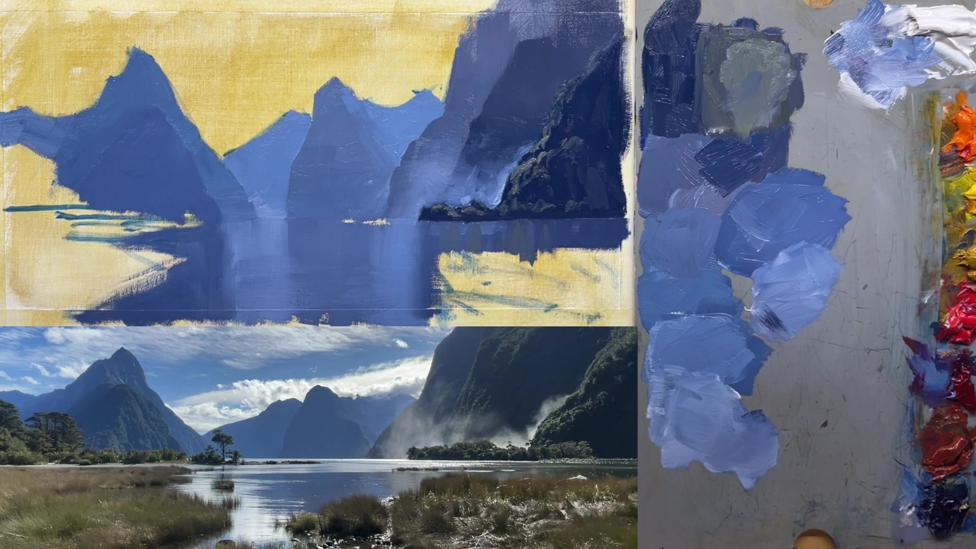Step 11 — Painting the Midground and Background (video frame from the lesson)