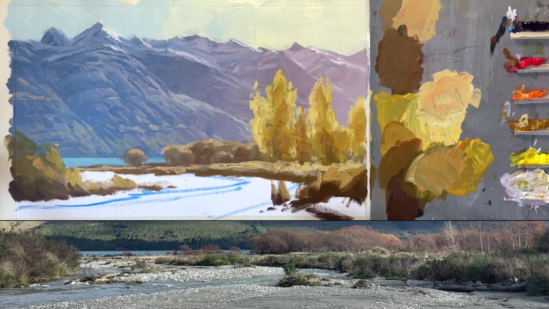 Step 26 — Riverbank Shadows and Details (video frame from the lesson)