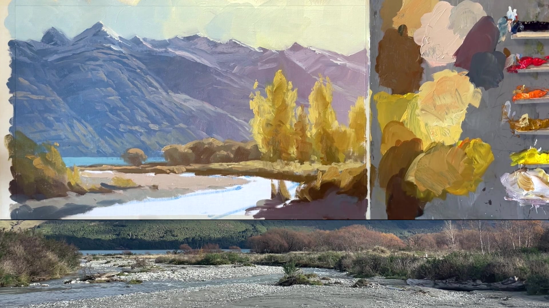 Step 27 — Painting the River (video frame from the lesson)