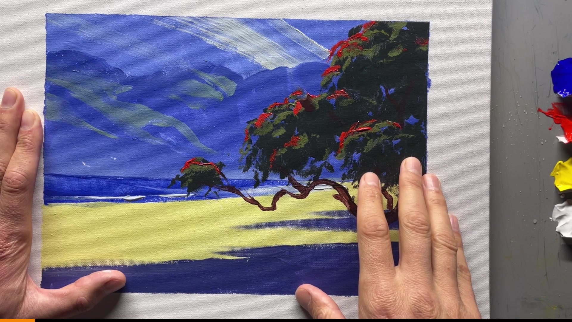 Step 3 — Brush care and horizon line (video frame from the lesson)