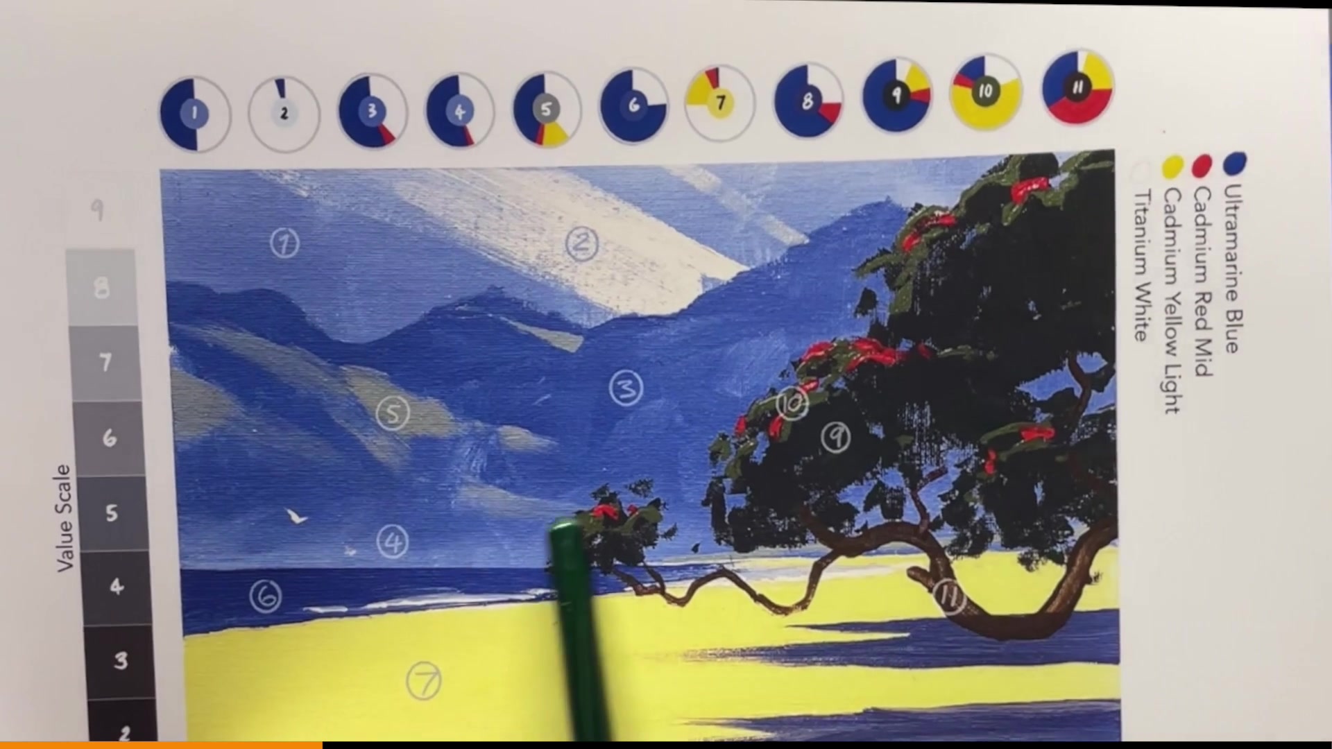 Step 9 — Adding light to the hills (video frame from the lesson)