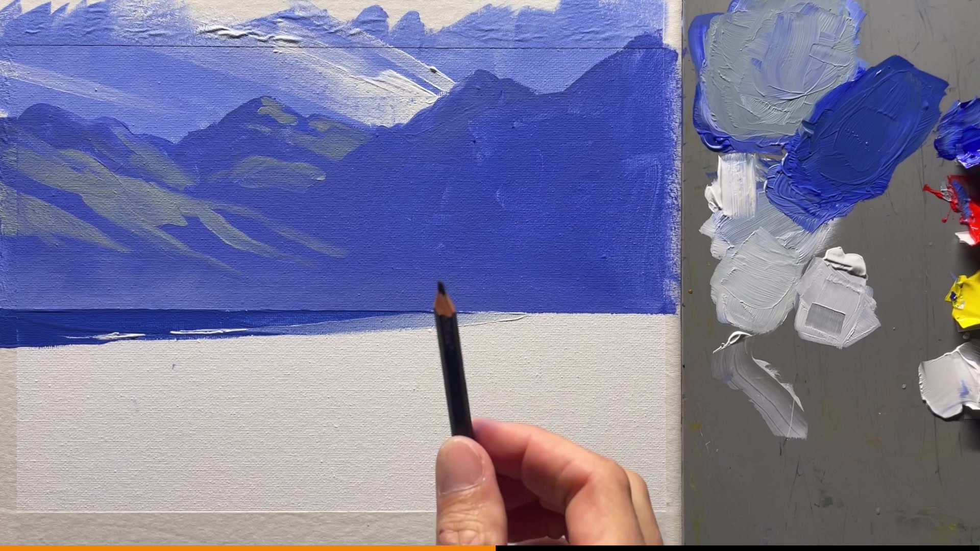 Step 13 — Drawing and painting the beach (video frame from the lesson)