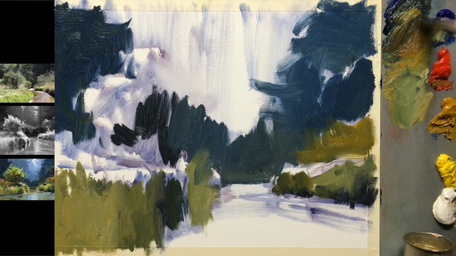 Step 10 — Tree shadow and light planning (video frame from the lesson)
