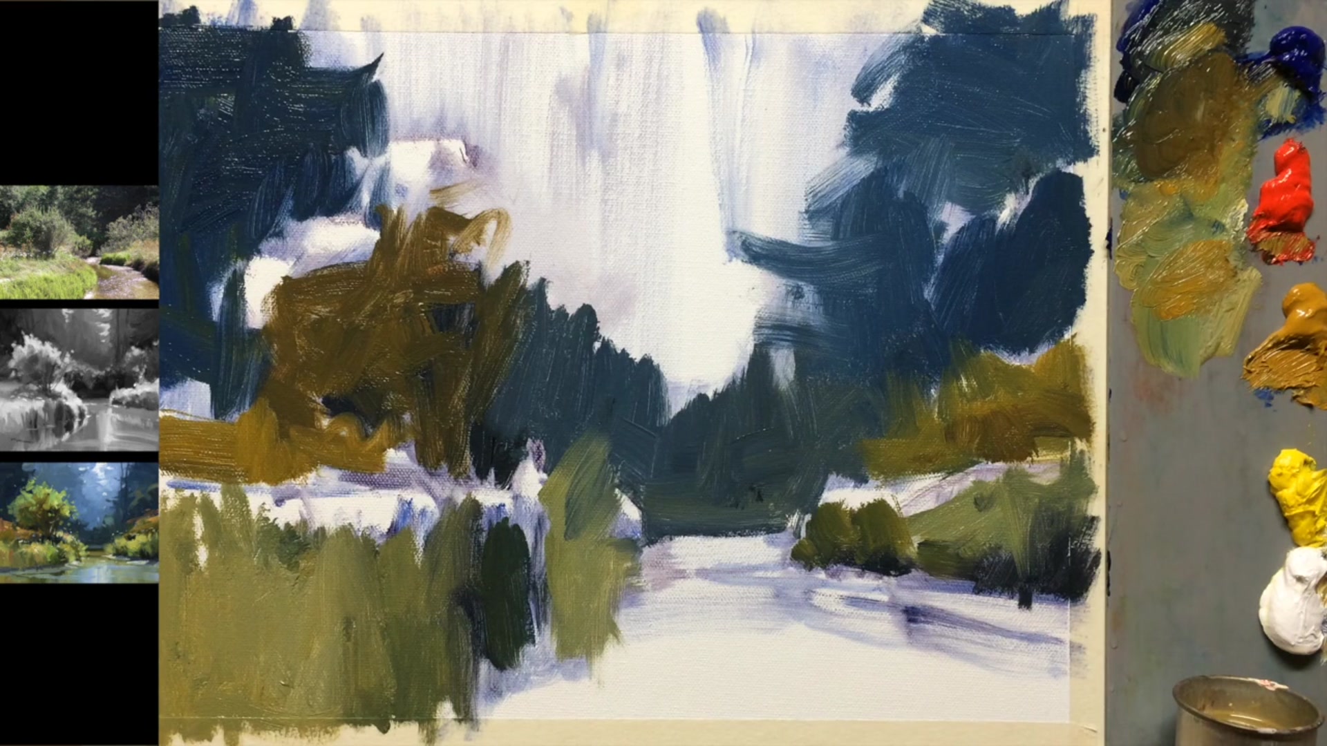 Step 11 — Warm foliage and water reflections (video frame from the lesson)
