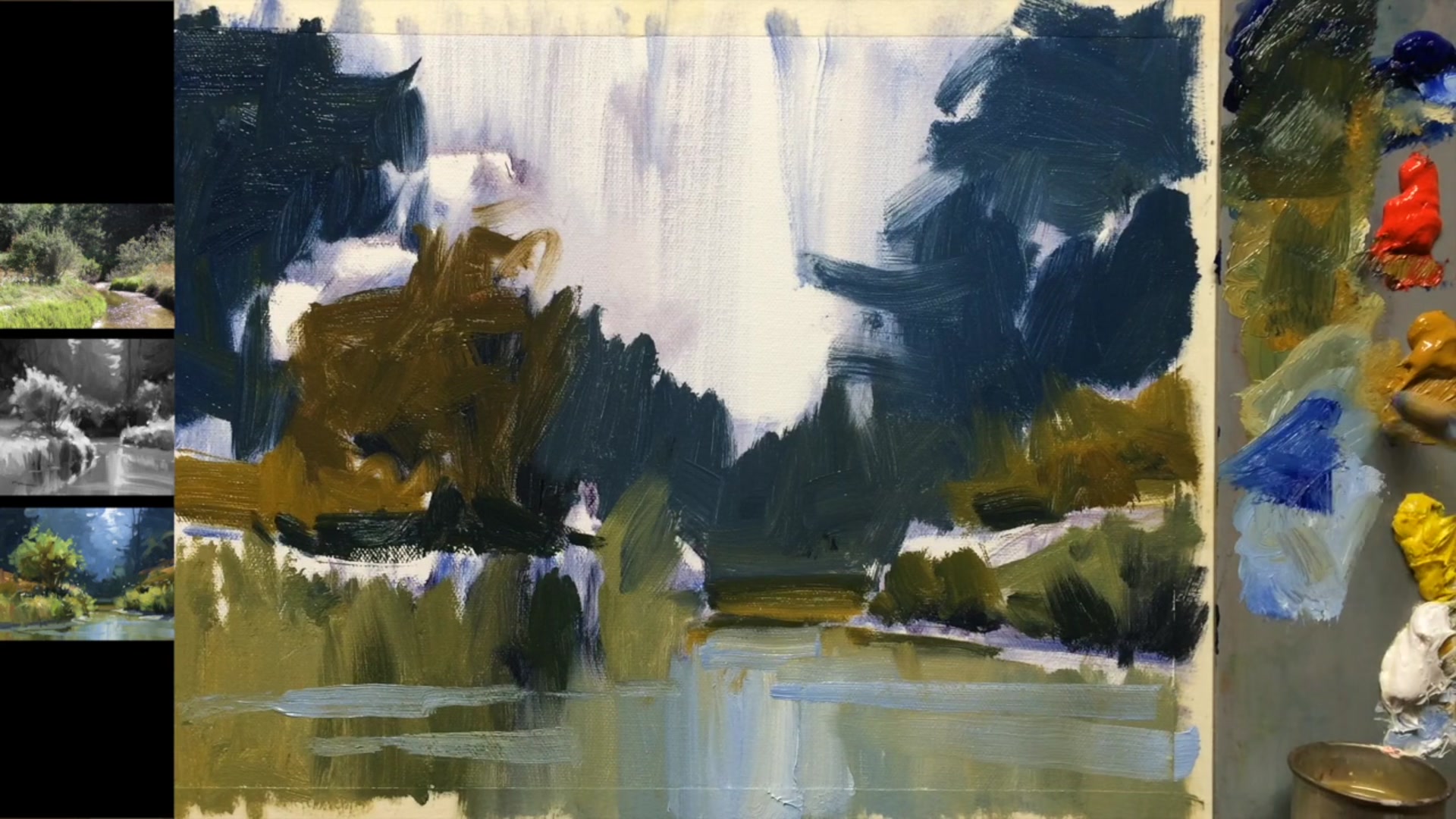 Step 14 — Background trees and sky holes (video frame from the lesson)