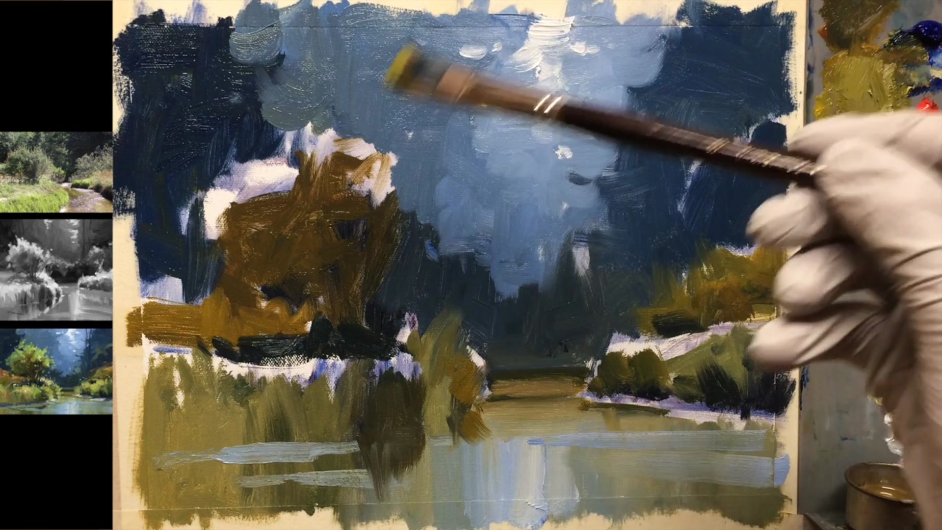 Step 15 — Tree highlights and color variation (video frame from the lesson)