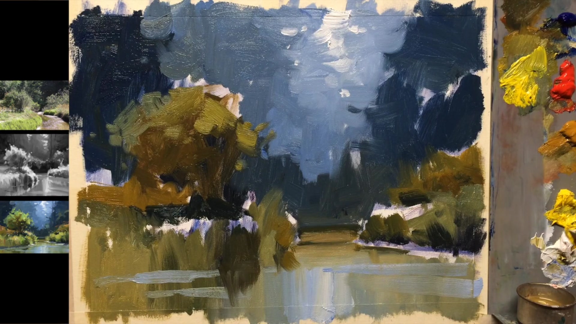 Step 16 — Foreground grass highlights (video frame from the lesson)