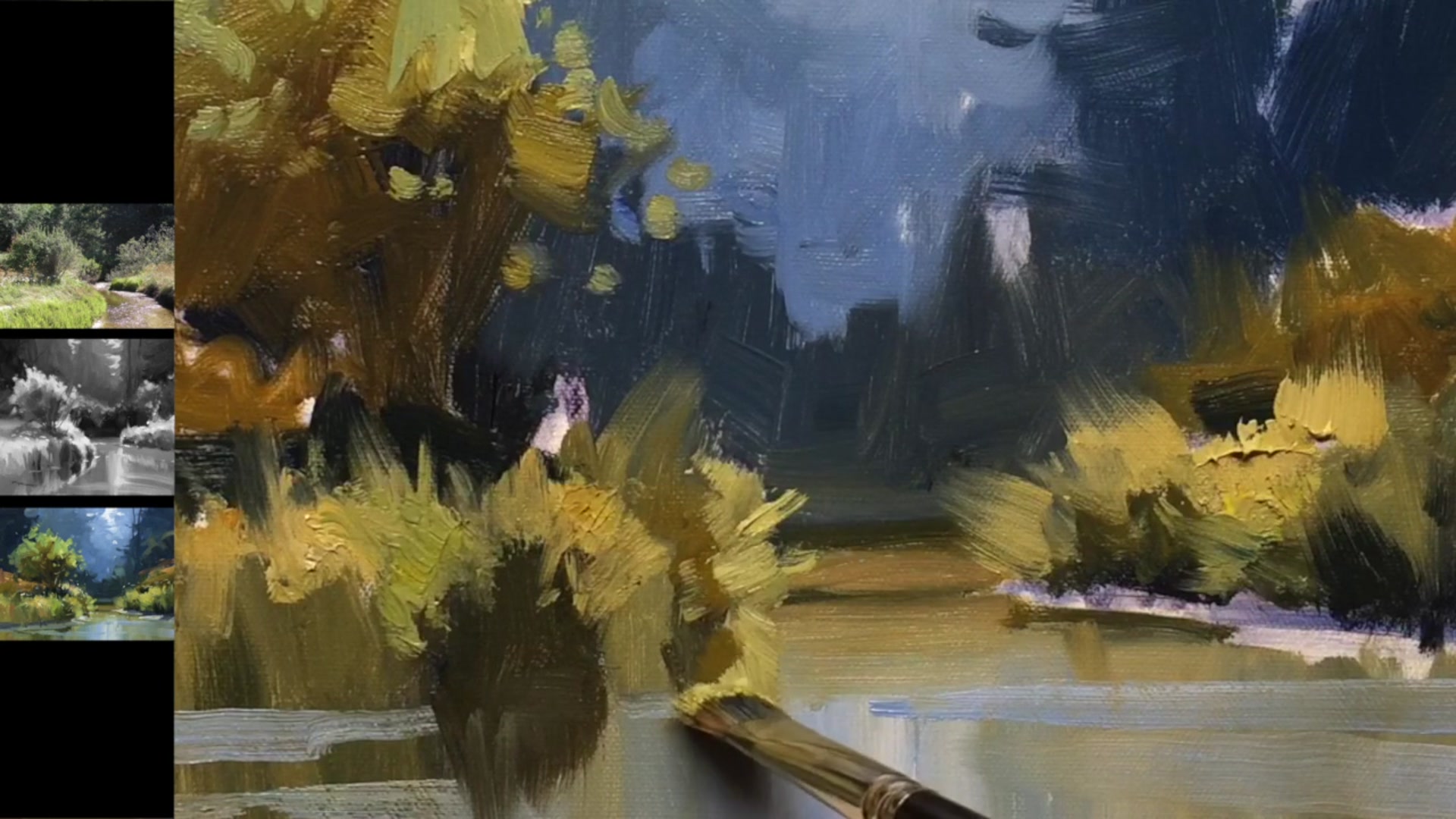Step 18 — Dry bushes and energetic brushwork (video frame from the lesson)
