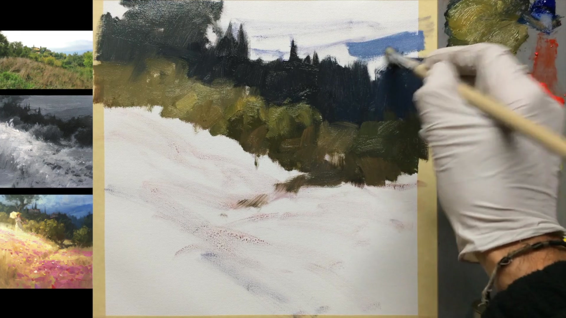 Step 8 — Background and Sky Painting (video frame from the lesson)