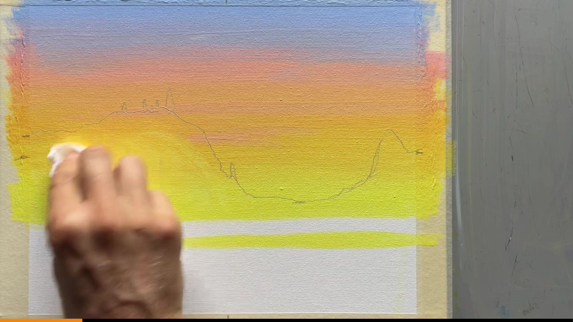 Step 8 — Mixing and applying the mountain color (video frame from the lesson)
