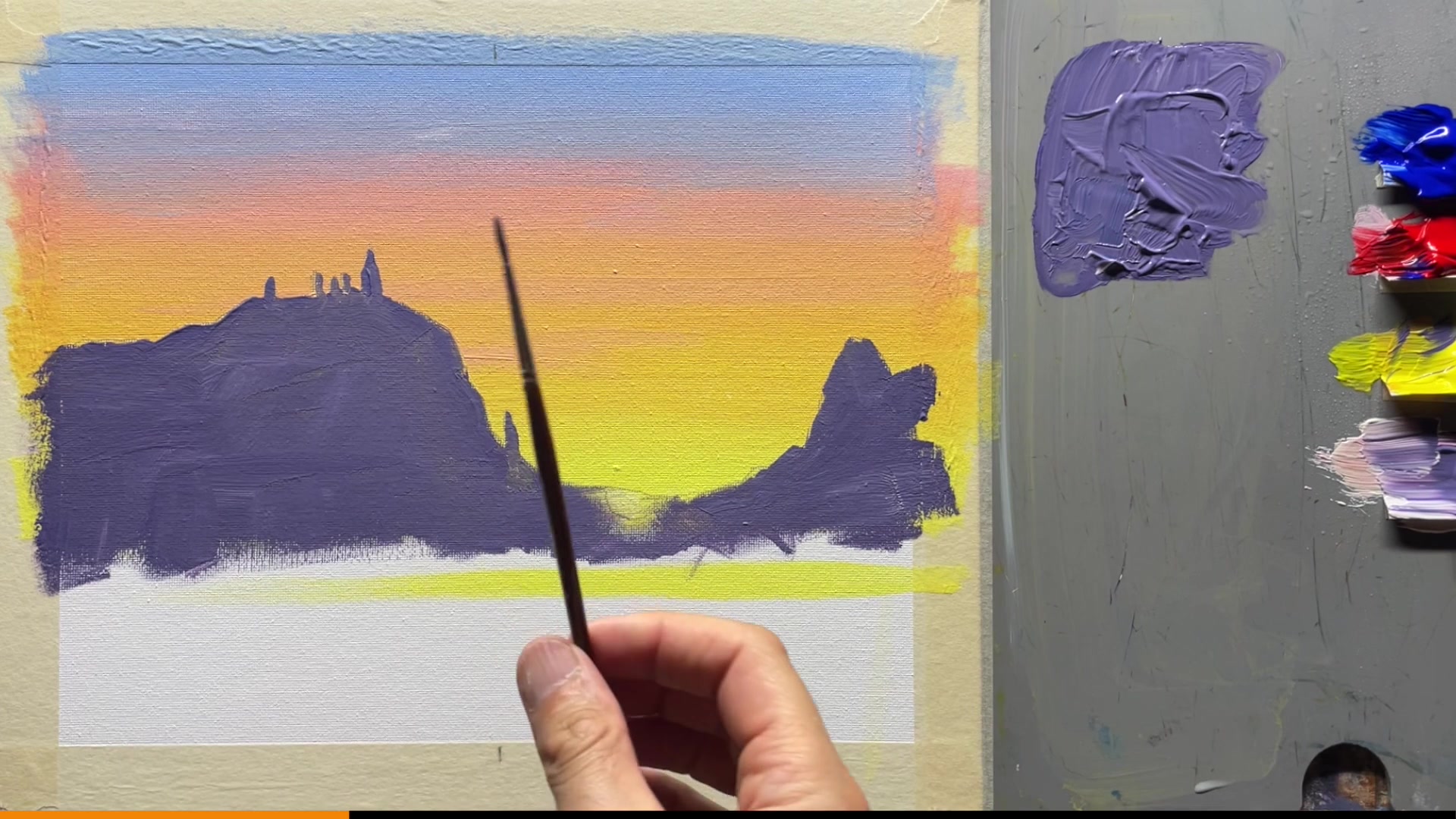 Step 9 — Painting the mountain details (video frame from the lesson)