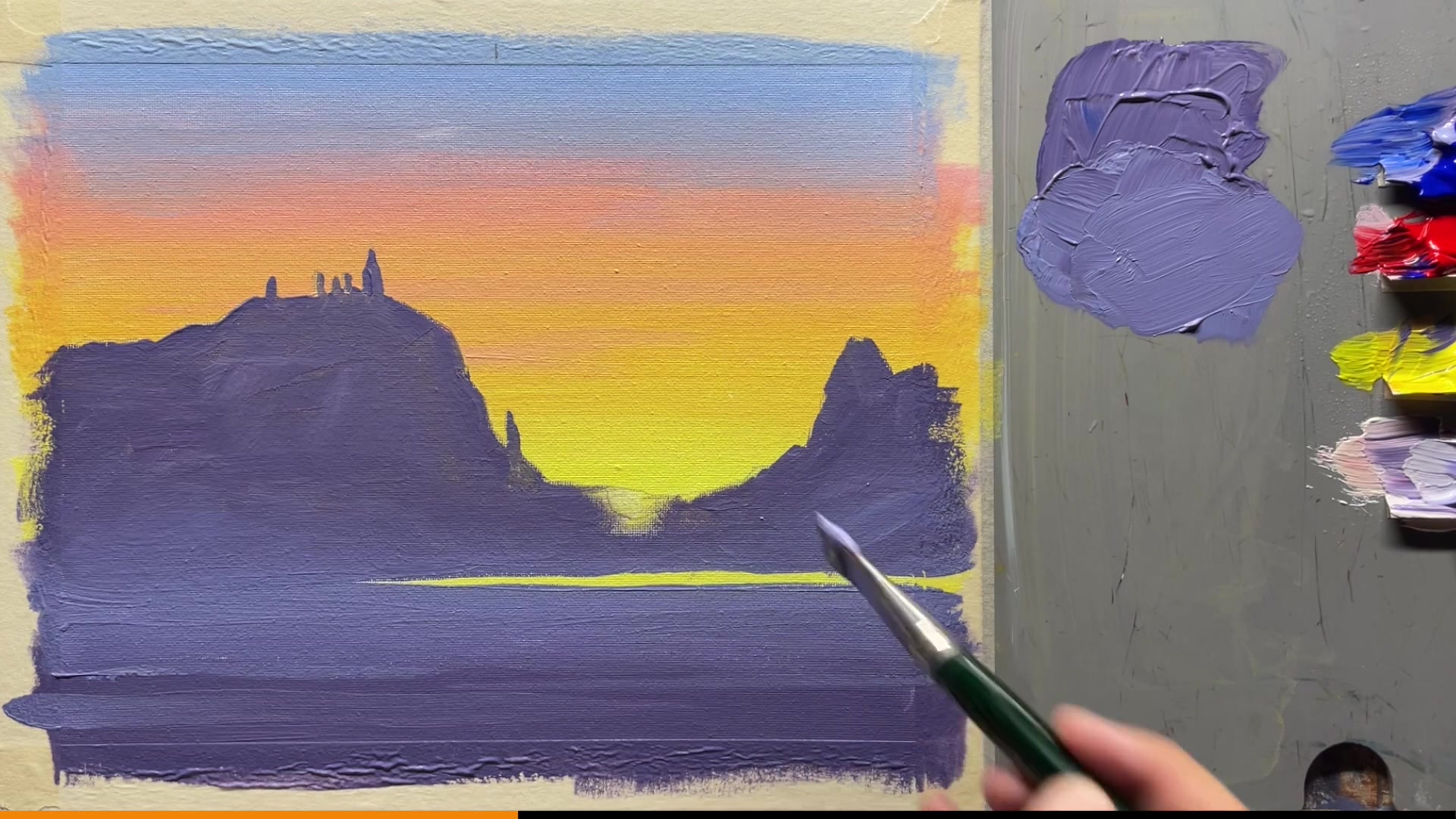 Step 10 — Painting the sun glow (video frame from the lesson)