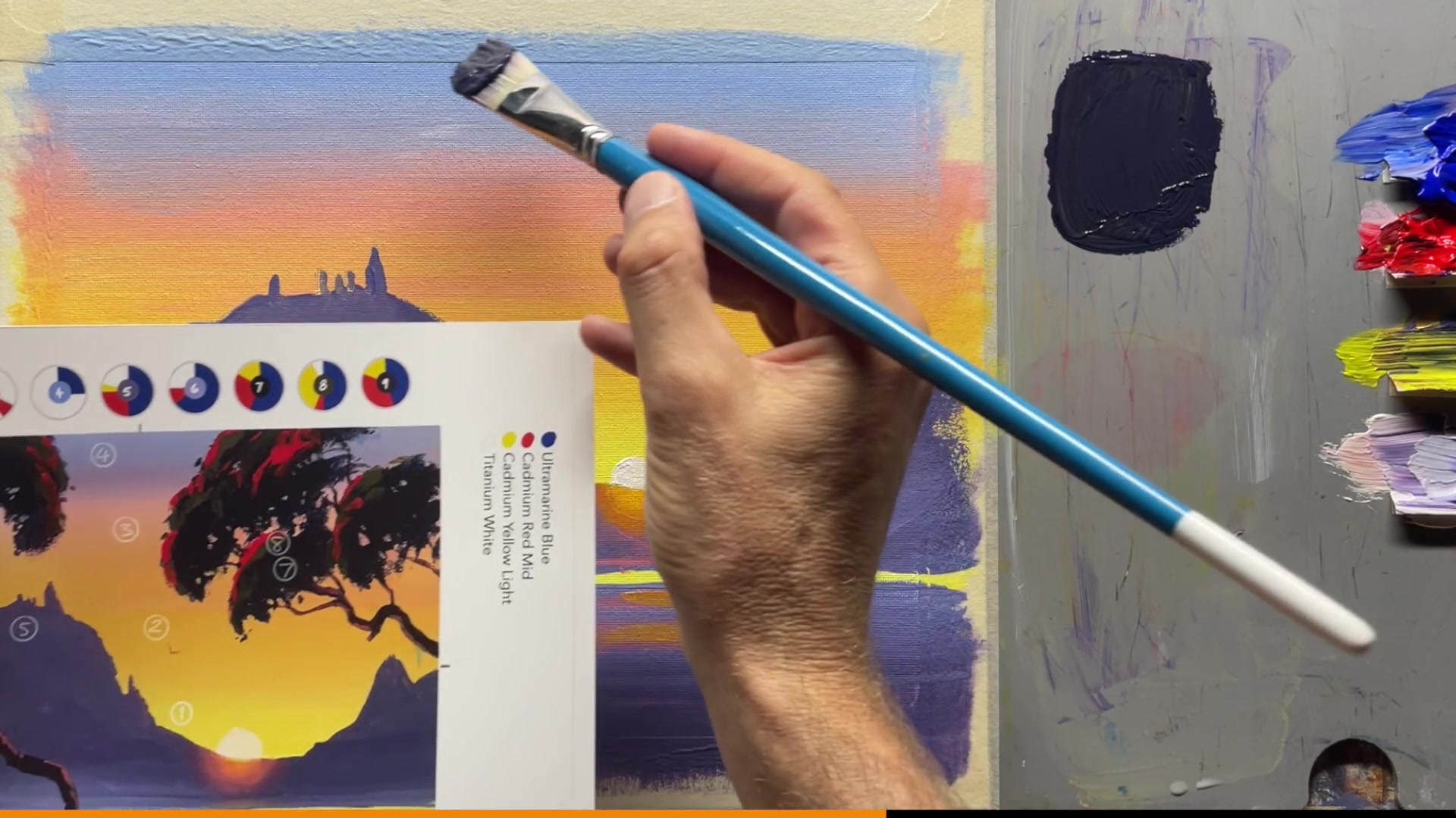 Step 15 — Painting tree clumps (video frame from the lesson)