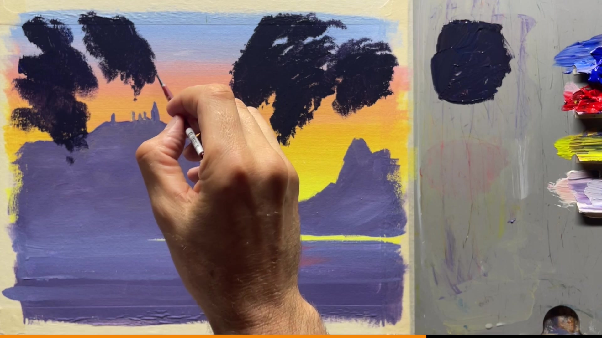 Step 16 — Adding green highlights to the tree (video frame from the lesson)