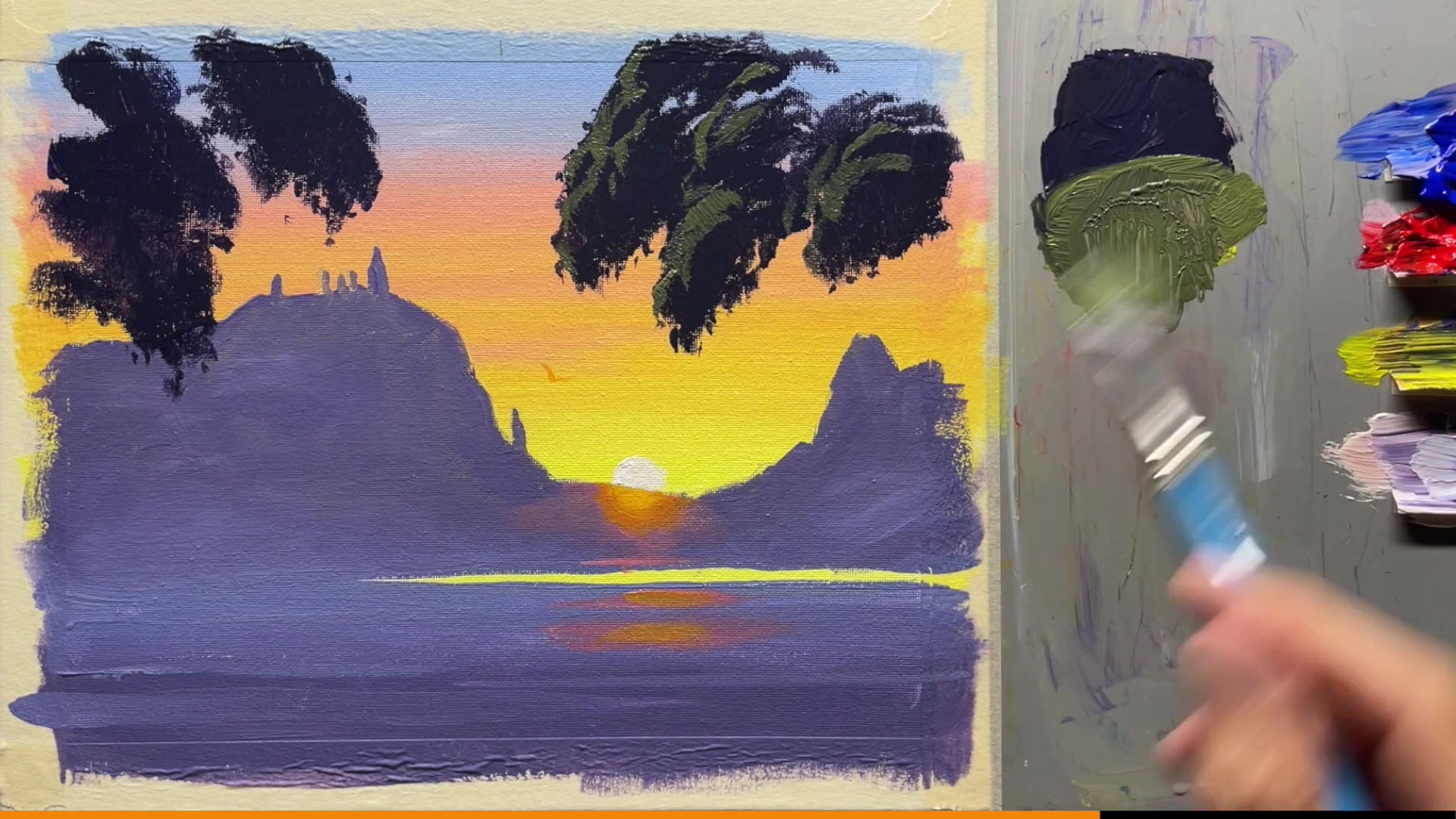 Step 17 — Adding red blossoms to the tree (video frame from the lesson)