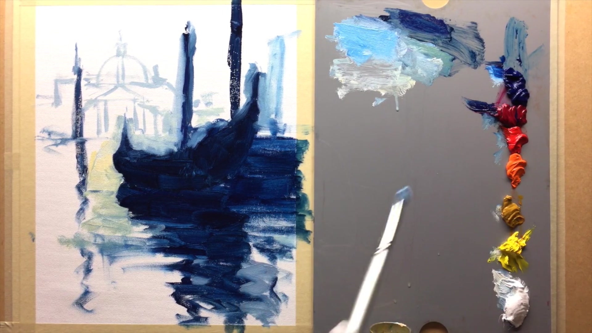 Step 5 — Painting the Church and Water (video frame from the lesson)
