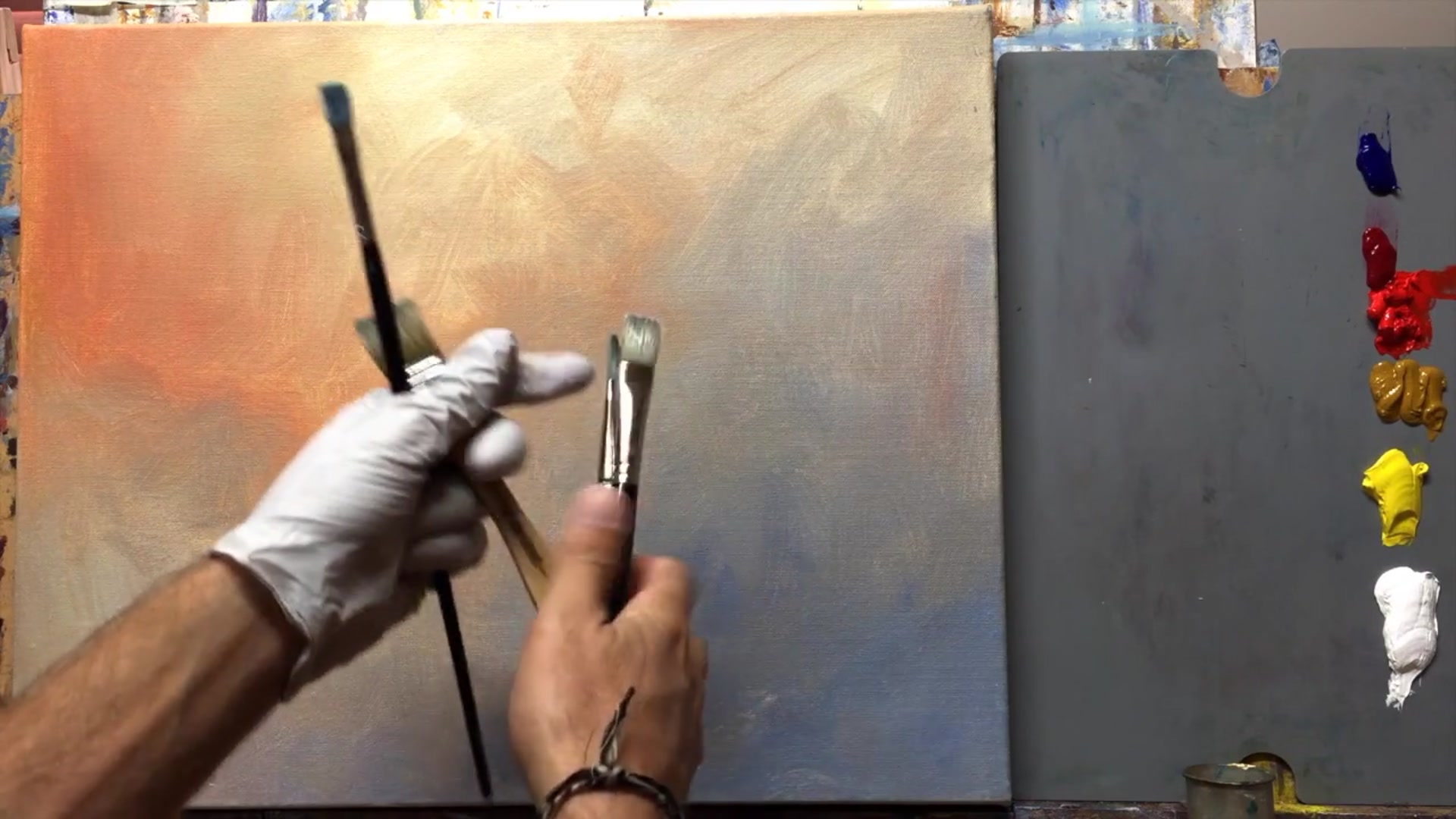Step 2 — Initial sketch with oil paints (video frame from the lesson)