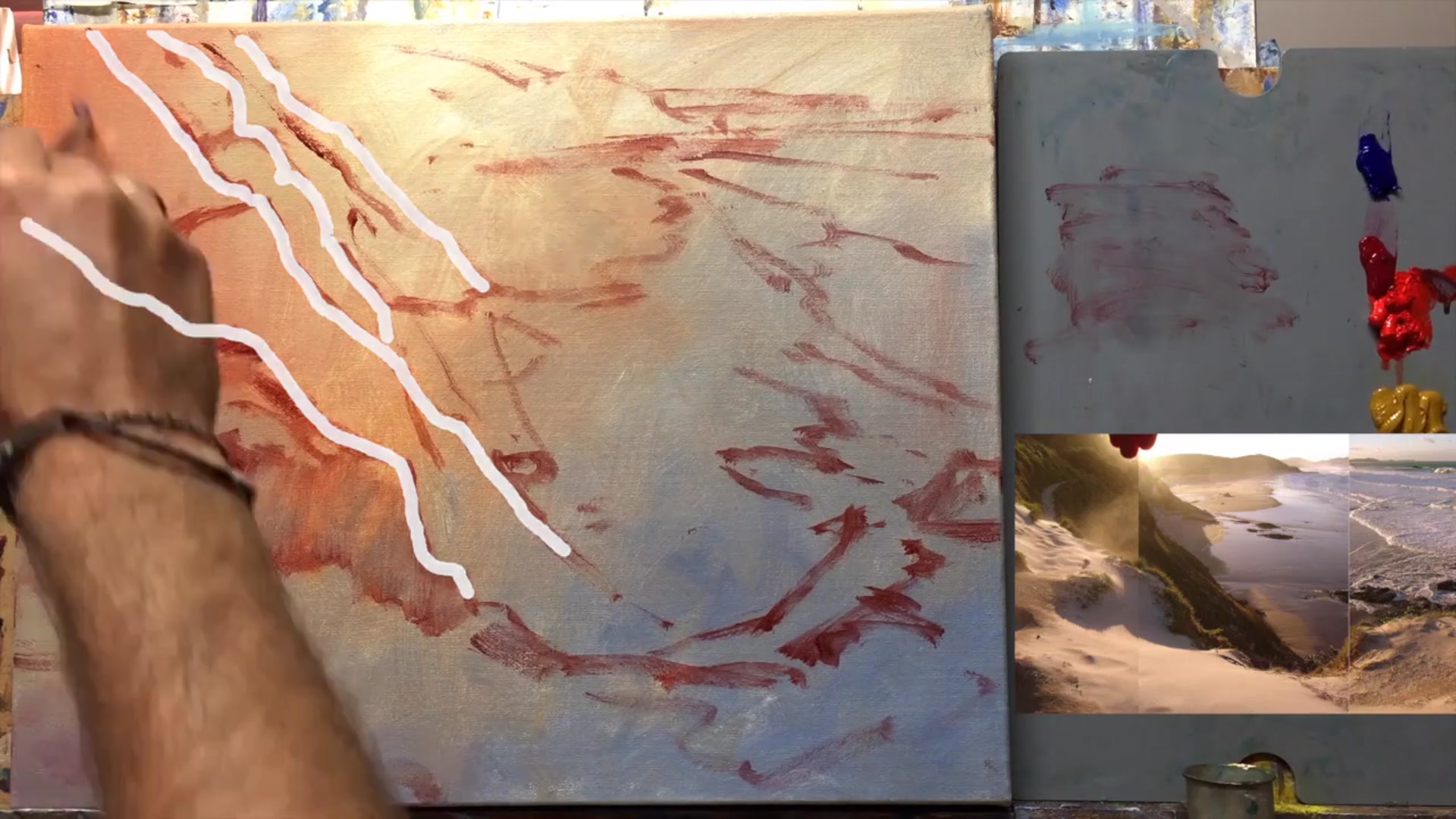 Step 3 — Mixing darks for receding hills (video frame from the lesson)