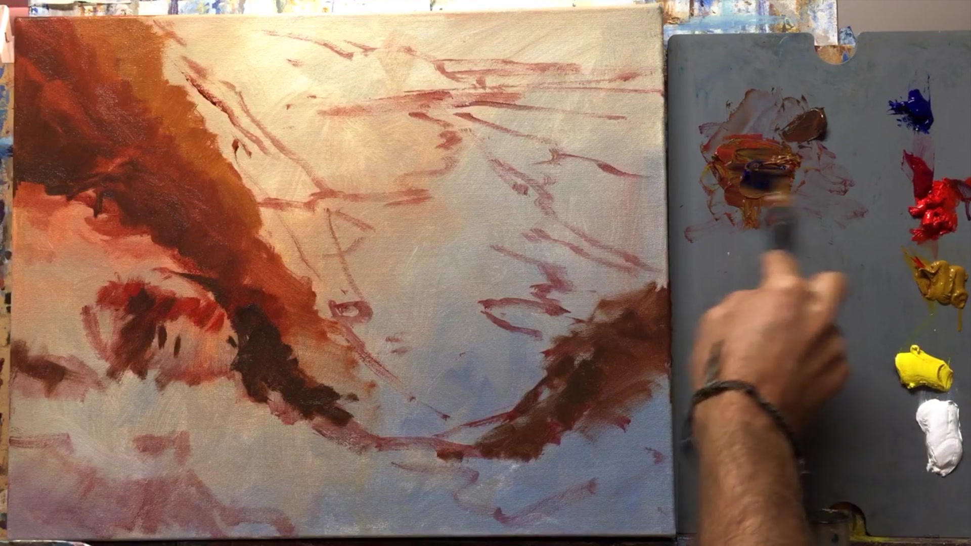 Step 4 — Color mixing for hills (video frame from the lesson)