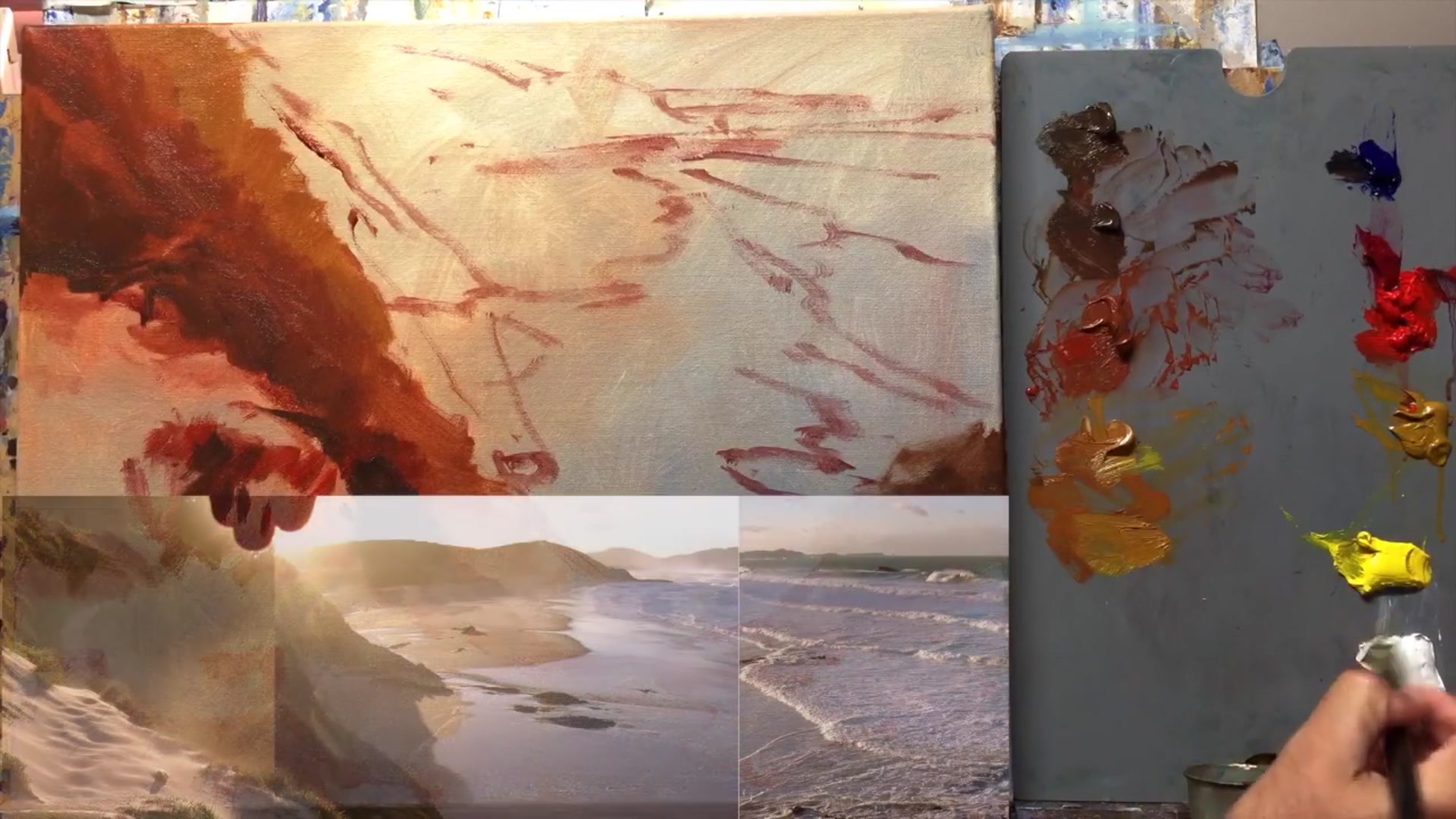 Step 8 — Adding light to hills and background (video frame from the lesson)