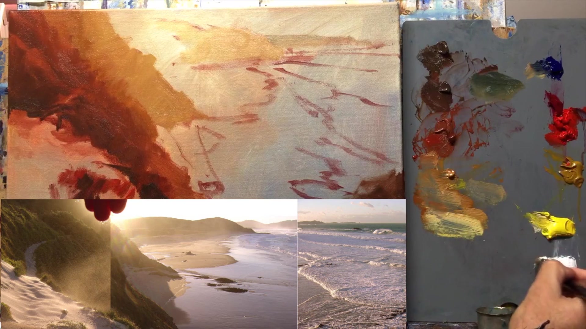 Step 9 — Mixing colors for ocean and rocks (video frame from the lesson)