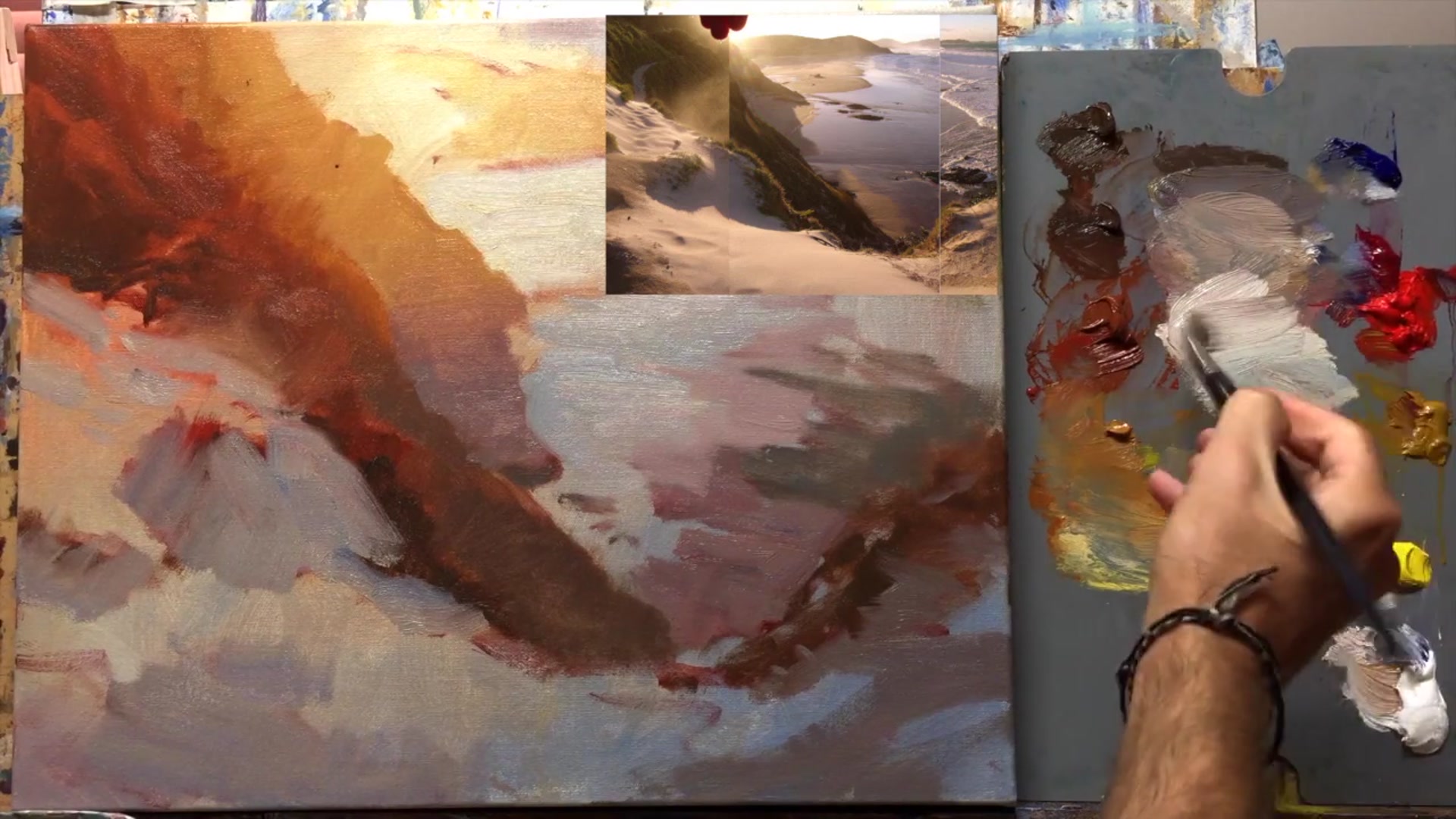 Step 15 — Mixing light colors for sand (video frame from the lesson)