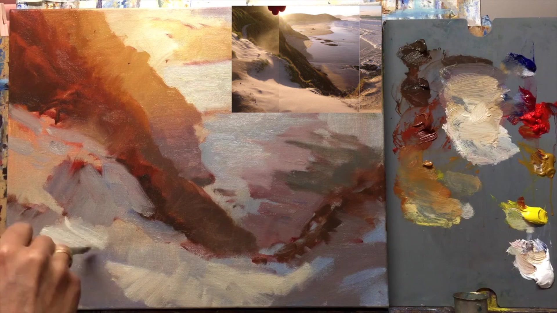 Step 16 — Painting shadow edges (video frame from the lesson)