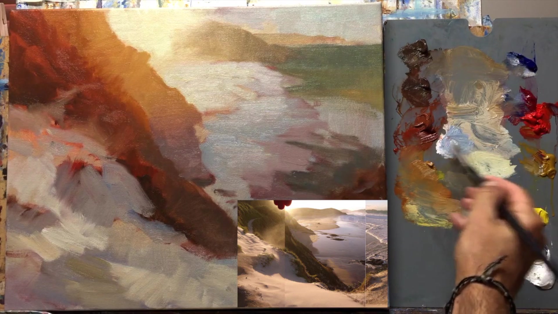 Step 19 — Painting ocean foam (video frame from the lesson)