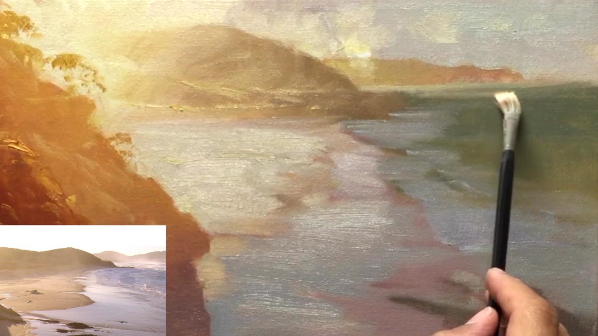 Step 27 — Painting ocean light effects (video frame from the lesson)