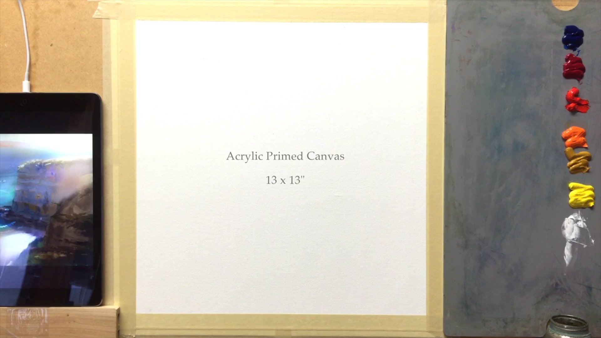 Step 1 — Canvas and materials preparation (video frame from the lesson)