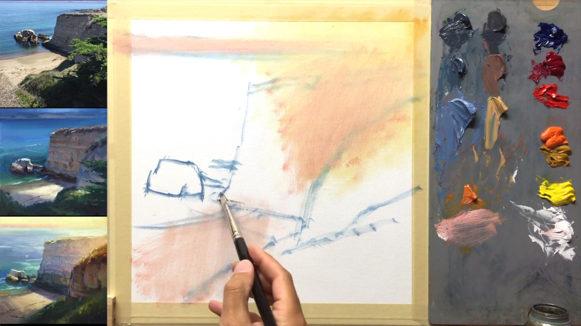 Step 7 — Painting the cliff face (video frame from the lesson)