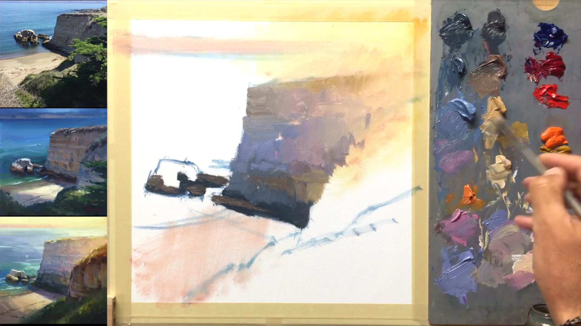 Step 11 — Reflected light and striations on the cliff (video frame from the lesson)